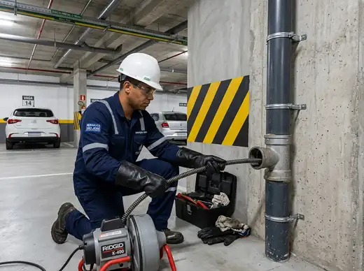 Raspagem e desobstrução mecânica de prumada predial e coluna vertical de esgoto em subsolo de condomínio