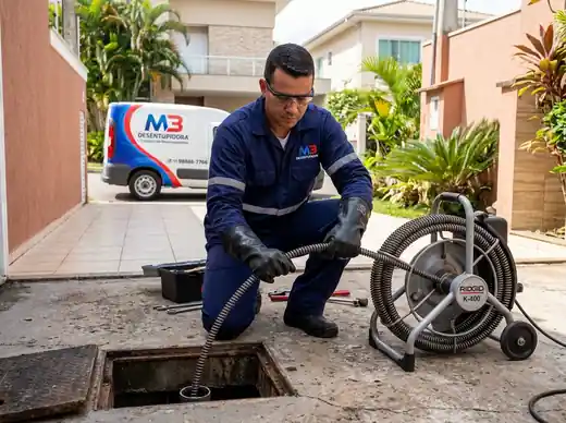 Técnico da M3 Desentupidora operando máquina rotativa com cabo espiral em caixa de inspeção de esgoto externa residencial em Londrina