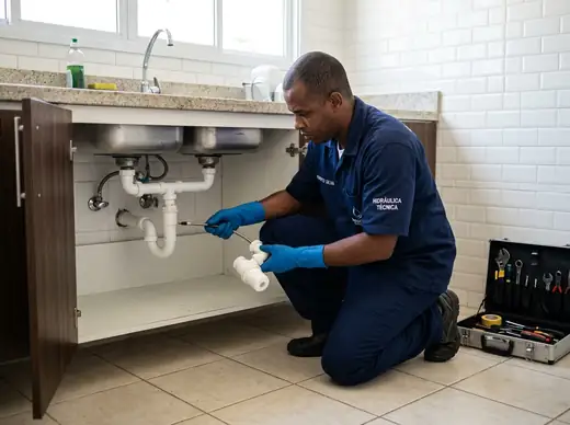 Desobstrução técnica e limpeza de sifão sob pia de cozinha com ferramentas especializadas pela M3 Desentupidora