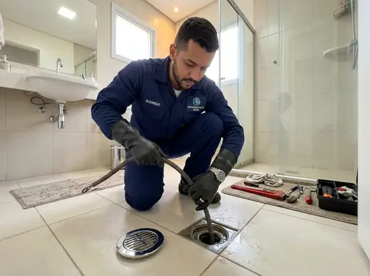 Atendimento técnico em ralo sifonado de banheiro utilizando sonda flexível desentupidora sem danificar o piso