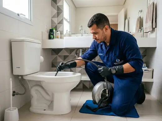 Desentupimento profissional de vaso sanitário com máquina de mola flexível preservando a cerâmica do banheiro