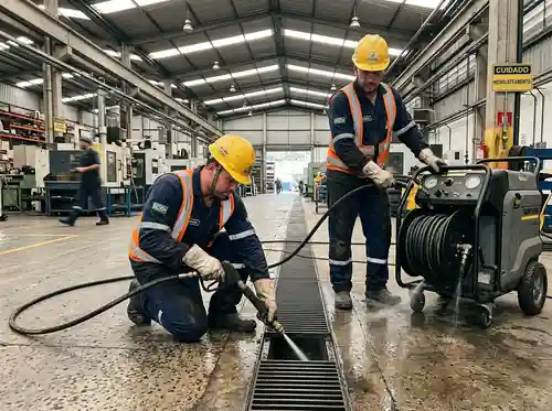 Equipe técnica da M3 Desentupidora com EPI completo realizando manutenção de drenagem em galpão industrial