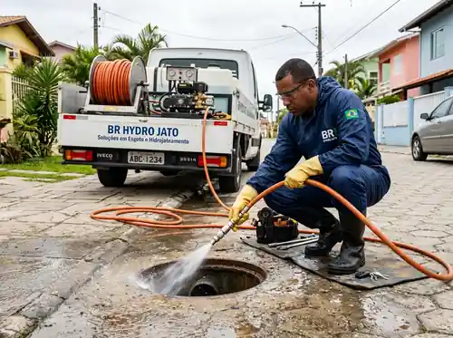 Unidade móvel de hidrojateamento de alta pressão com carretel e bico desincrustante desobstruindo galerias