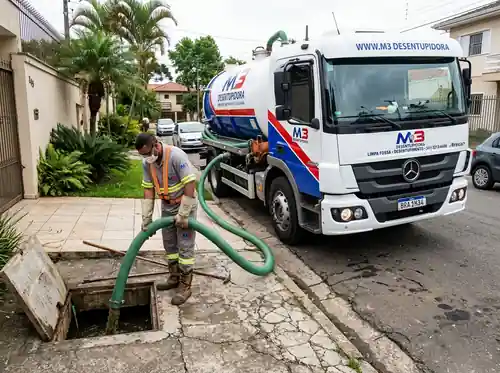Caminhão auto-vácuo limpa-fossa da M3 Desentupidora realizando esgotamento e sucção de fossa séptica residencial