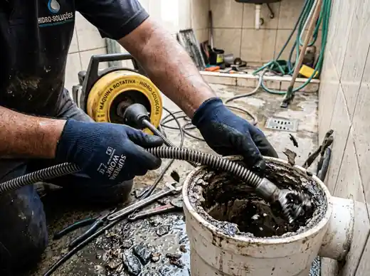 Desincrustação mecânica de tubulação com ponteira rotativa de aço restaurando o diâmetro original do cano
